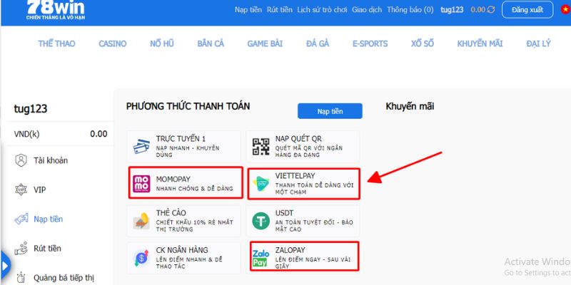 Nạp tiền 78win qua ví điện tử
